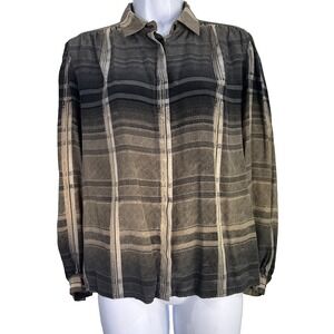 Betty Hanson Vtg Silk Blouse Women 10 Gray Black Ombre Plaid Button Down 90s Lux